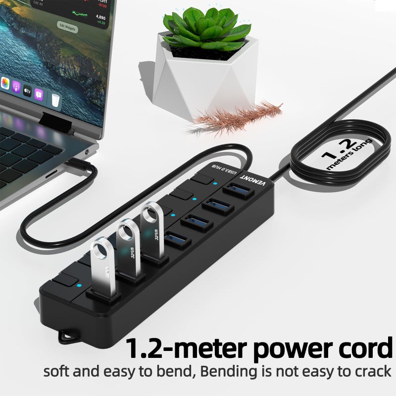 Vemont USB hub,7 Port USB 3.0 Hub,VEMONT USB Splitter with Individual On/Off Switches and Lights, 4ft/1.2m USB HUB Long Cable, USB Extension for Laptop and PC Computer - Image 3